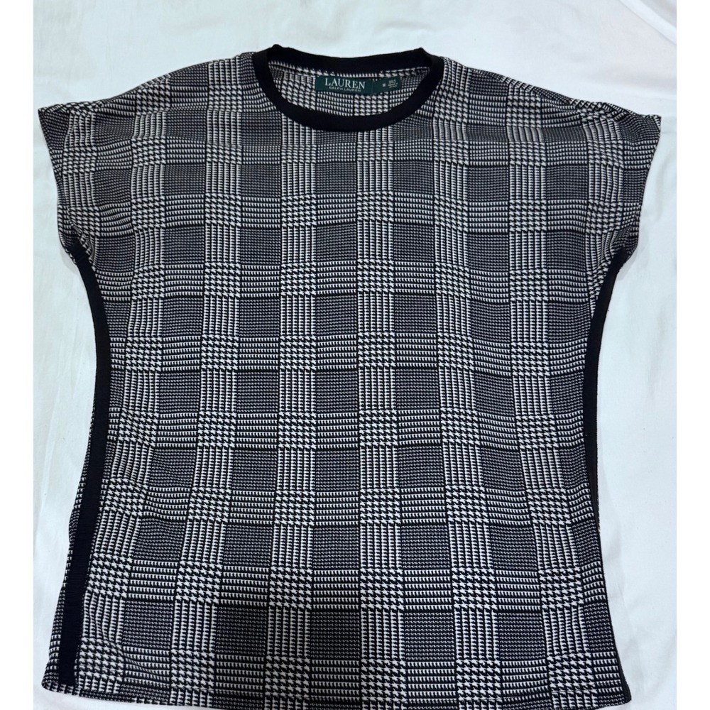 Lauren Ralph Lauren Black White Glen Plaid Short Sleeve Top Crew Neck Med Preppy